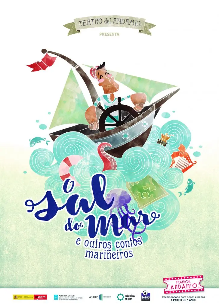 Cartel de O sal do mar e outros contos mariñeiros, obra infantil de Teatro del Andamio, con un marinero navegando entre olas.