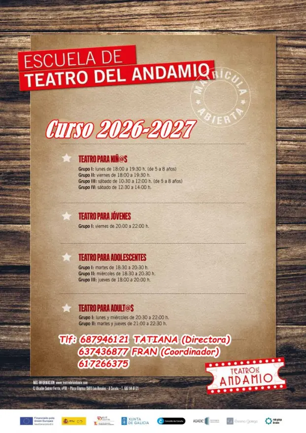 Cartel de la Escuela de Teatro del Andamio en A Coruña. Matrícula abierta para el curso 2026-2027, con clases para niños, jóvenes y adultos.
